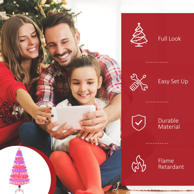 HOMCOM 5ft Prelit Artificial Christmas Tree with LED Lights, Multicolored Fiber Optics and Realistic Branch Tips, Pink