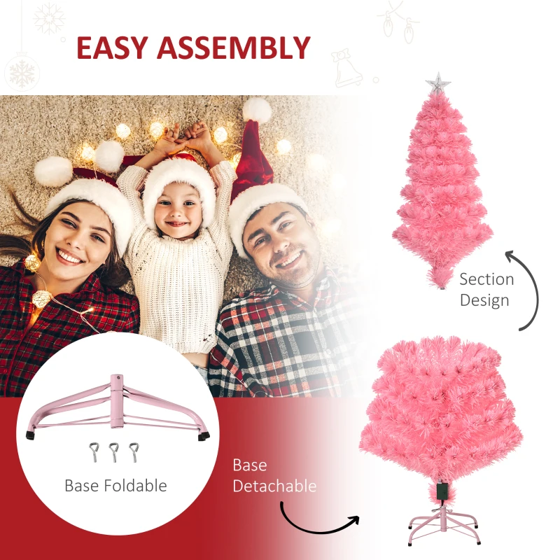 HOMCOM 5ft Prelit Artificial Christmas Tree with LED Lights, Multicolored Fiber Optics and Realistic Branch Tips, Pink