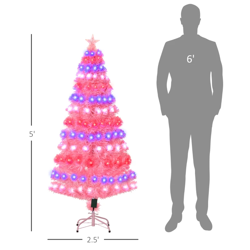 HOMCOM 5ft Prelit Artificial Christmas Tree with LED Lights, Multicolored Fiber Optics and Realistic Branch Tips, Pink