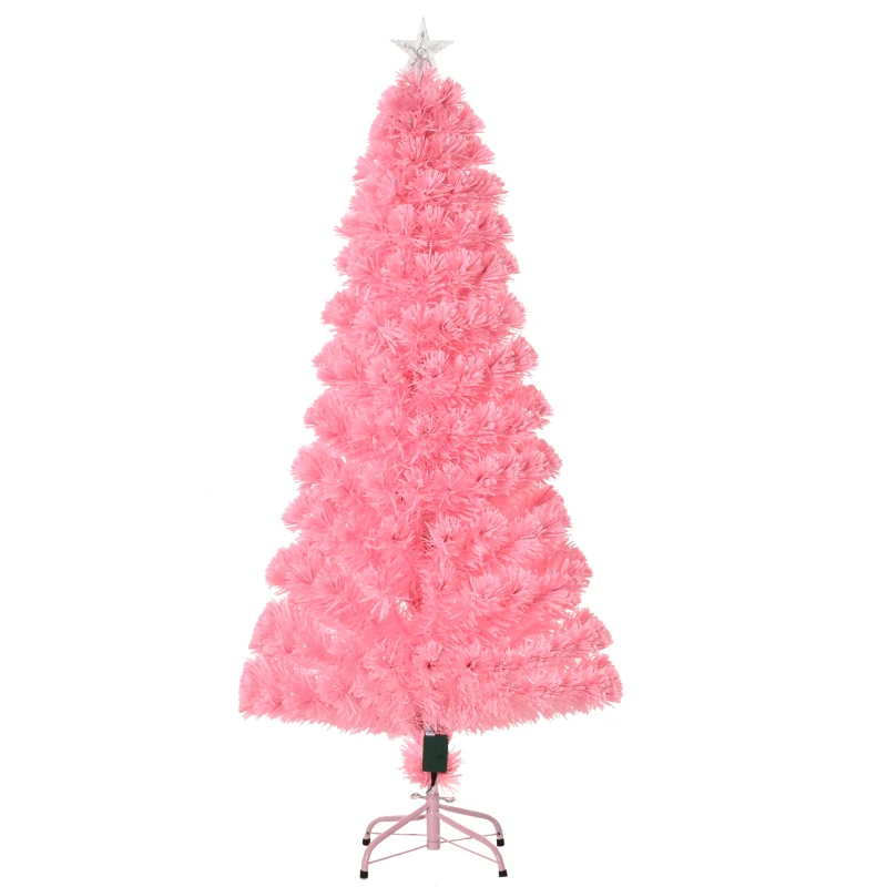 HOMCOM 5ft Prelit Artificial Christmas Tree with LED Lights, Multicolored Fiber Optics and Realistic Branch Tips, Pink