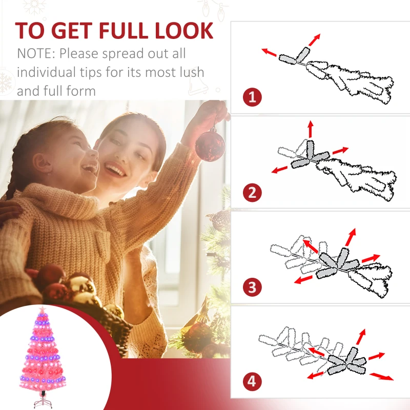 HOMCOM 5ft Prelit Artificial Christmas Tree with LED Lights, Multicolored Fiber Optics and Realistic Branch Tips, Pink