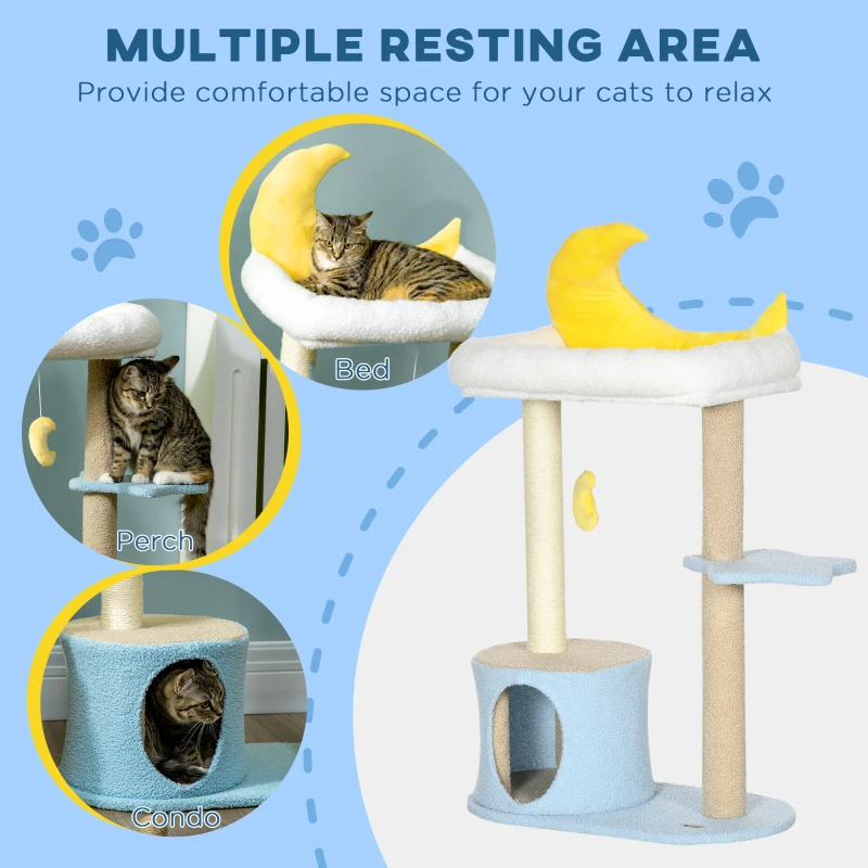 PawHut Moon Cat Tower for Indoor Cats with Teddy Fleece House Bed Scratching Post Hanging Toy Star Platform 41" Blue