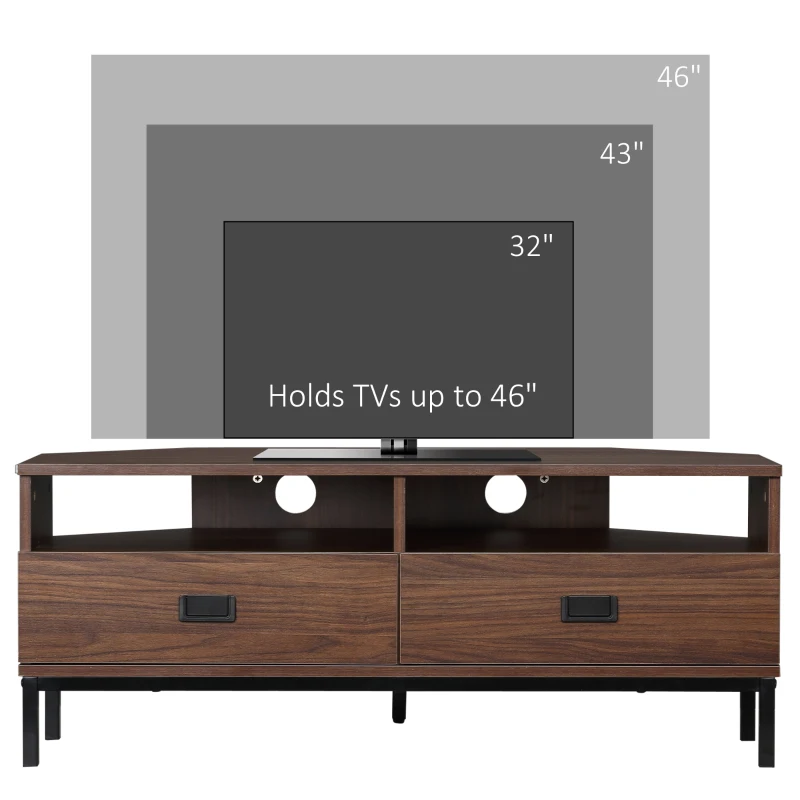 HOMCOM Corner TV Stand for TV up to 46", Entertainment Center with Open Storage and Drawers, TV Table with Steel Legs, Dark Walnut