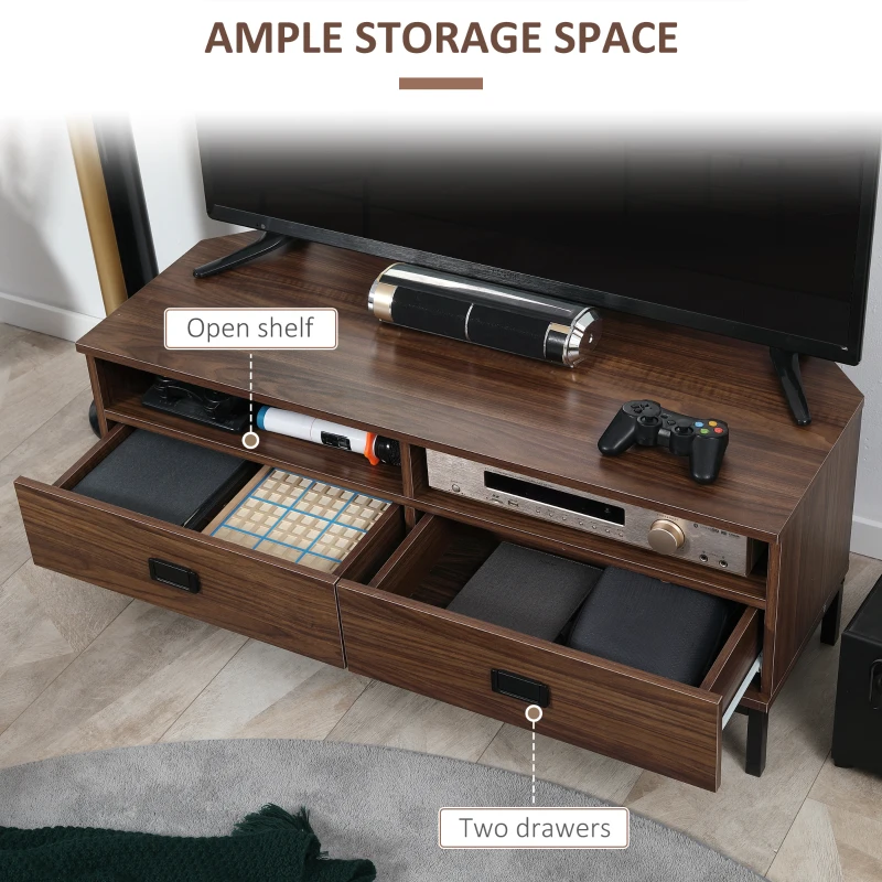 HOMCOM Corner TV Stand for TV up to 46", Entertainment Center with Open Storage and Drawers, TV Table with Steel Legs, Dark Walnut