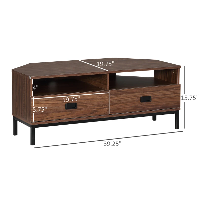 HOMCOM Corner TV Stand for TV up to 46", Entertainment Center with Open Storage and Drawers, TV Table with Steel Legs, Dark Walnut