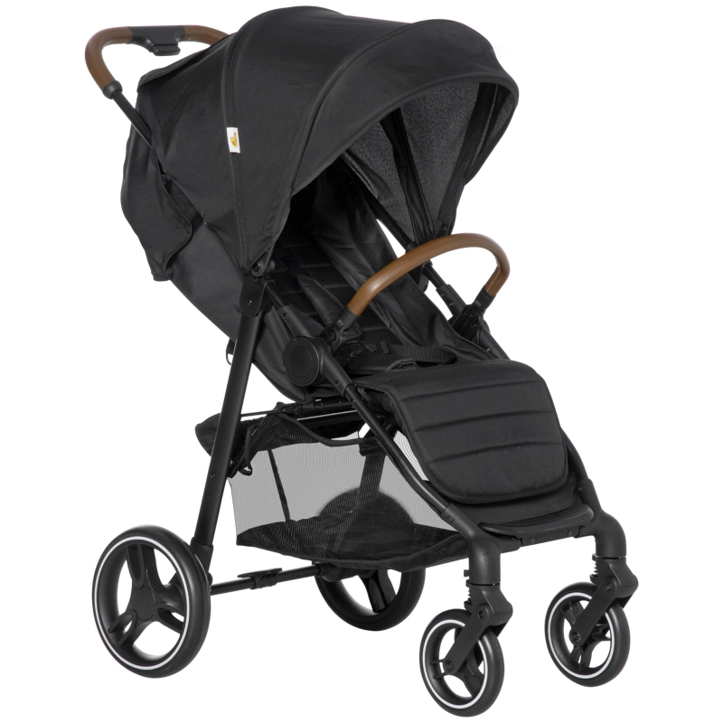 Qaba Lightweight Baby Stroller, Toddler Travel Stroller with One Hand Fold, Compact Stroller with Storage Basket, Cup Holder, Sun Canopy, Adjustable Backrest Footrest, All Wheel Suspension, Black