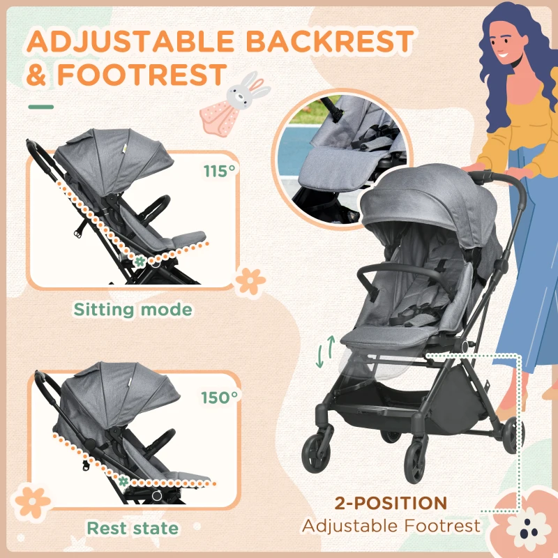 Qaba Lightweight Baby Stroller w/ 360° Reversible Seat, Toddler Travel Stroller w/ One Hand Fold, Grey