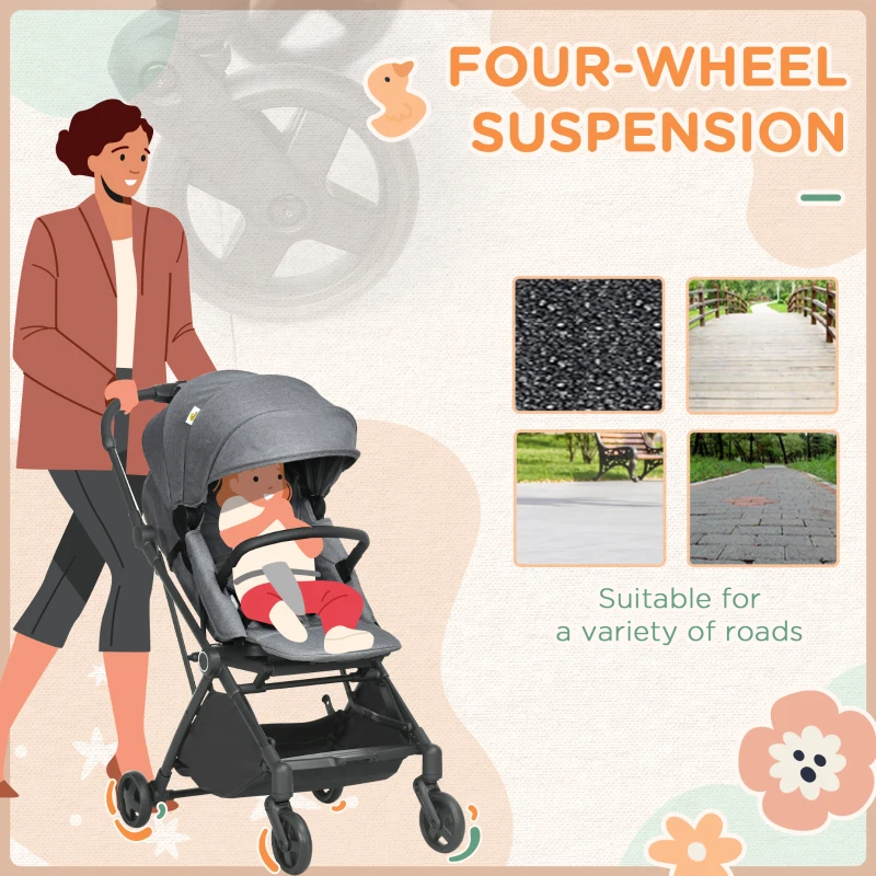 Qaba Lightweight Baby Stroller w/ 360° Reversible Seat, Toddler Travel Stroller w/ One Hand Fold, Grey