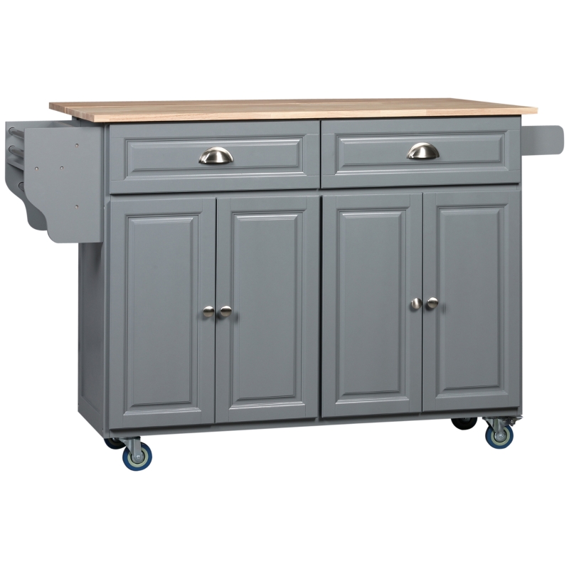 HOMCOM Rolling Kitchen Island on Wheels Utility Cart with Drop-Leaf and Rubber Wood Countertop, Storage Drawers, Door Cabinets, Dark Grey