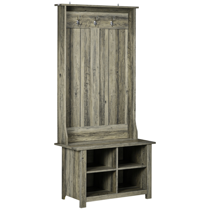 HOMCOM Classic Hall Tree, Accent Coat Tree with Shoe Storage Bench, Adjustable Shelves, 31.5" x 15.5" x 67.5", Grey