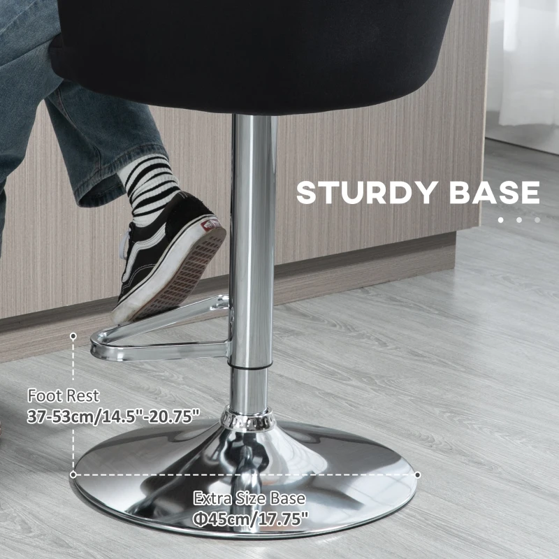 HOMCOM Modern Upholstered Adjustable Barstools with Swivel Seat, Velvet Touch Fabric, Steel Frame, Footrest, ‎Black