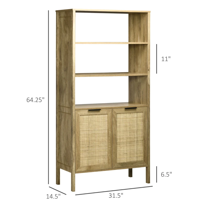 HOMCOM Boho Bookshelf, Storage Cabinet with 3 Open Shelves and Natural Rattan Decor, Bookcase for Living Room, Study, Oak
