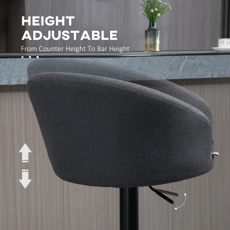 HOMCOM Modern Upholstered Adjustable Barstools with Swivel Seat, Linen Touch Fabric, Steel Frame, Footrest, ‎Gray