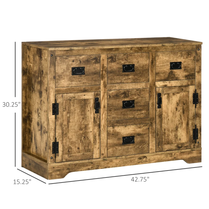 HOMCOM Sideboard Buffet Kitchen Sideboard Cabinet with Five Drawers Two Door Cabinets Adjustable Shelf for Living Room Brown
