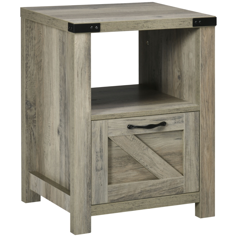 HOMCOM Industrial Side Table with 1 Drawer 1 Open Shelf and Big Tabletop for Living Room, Grey Oak