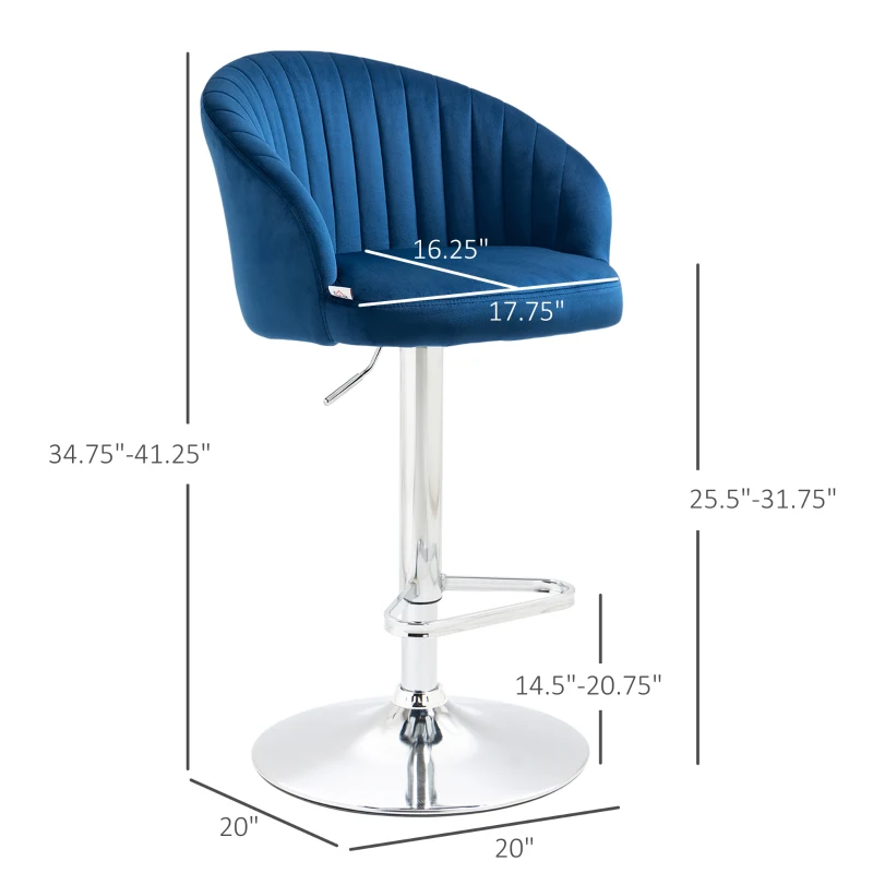 HOMCOM Modern Upholstered Adjustable Barstools with Swivel Seat, Velvet Touch Fabric, Steel Frame, Footrest, ‎Blue