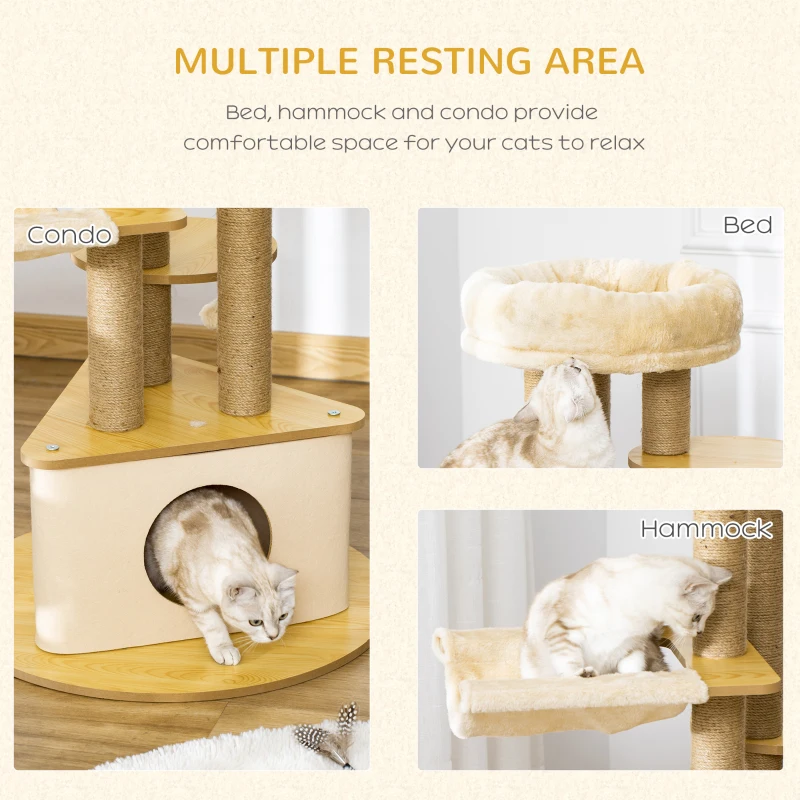 PawHut Cat Tree Tower Multi-Level Kitten House with Scratching Post Condo Hammock Bed Ball Toy - 23.5 x 23.5 x 39 Inches, Yellow