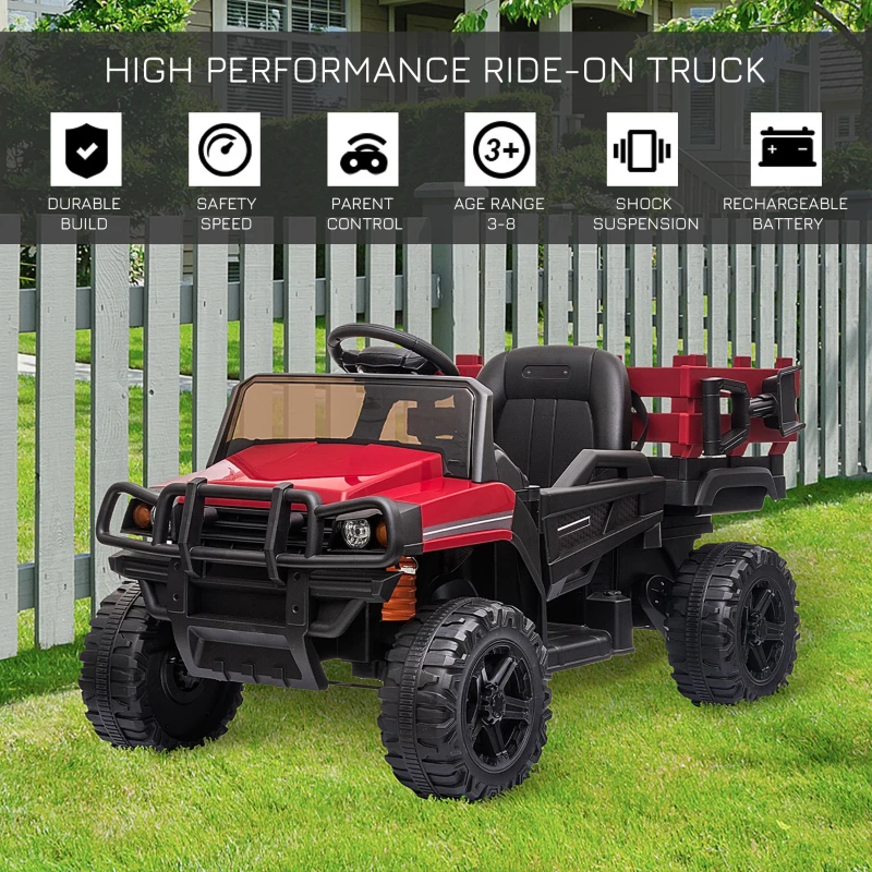 Aosom 12V Kids Ride-on Car Electric Truck Pickup Toy with Parent Remote Control and Trailer, MP3/USB Input for Music, Red