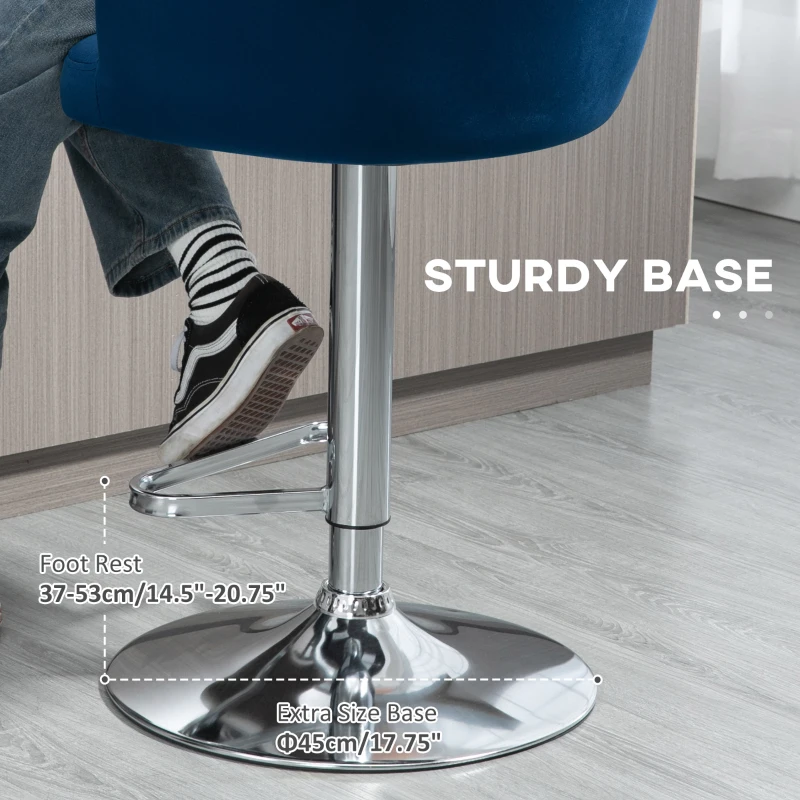 HOMCOM Modern Upholstered Adjustable Barstools with Swivel Seat, Velvet Touch Fabric, Steel Frame, Footrest, ‎Blue