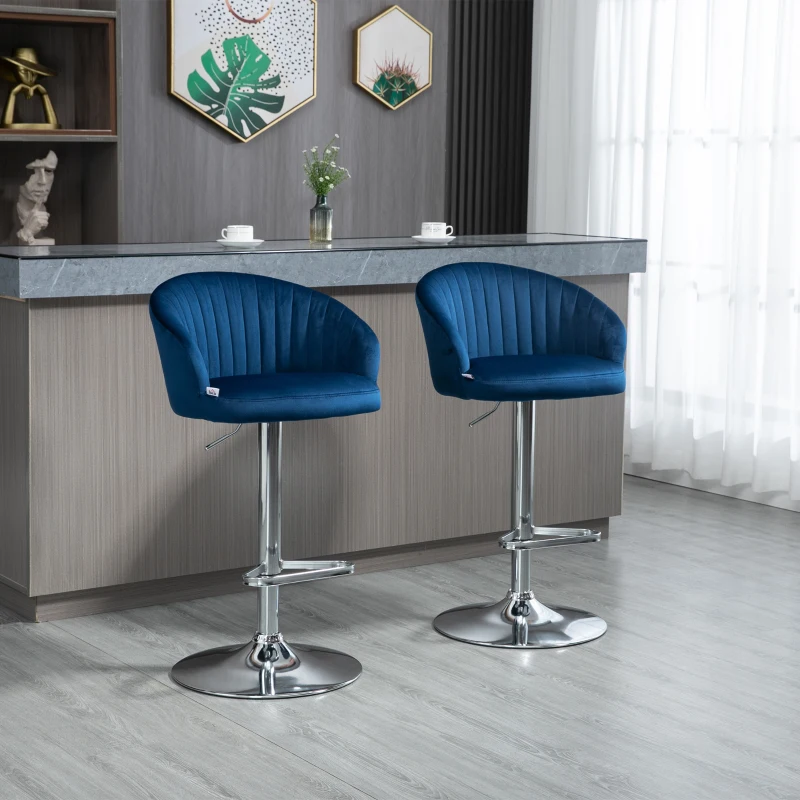 HOMCOM Modern Upholstered Adjustable Barstools with Swivel Seat, Velvet Touch Fabric, Steel Frame, Footrest, ‎Blue