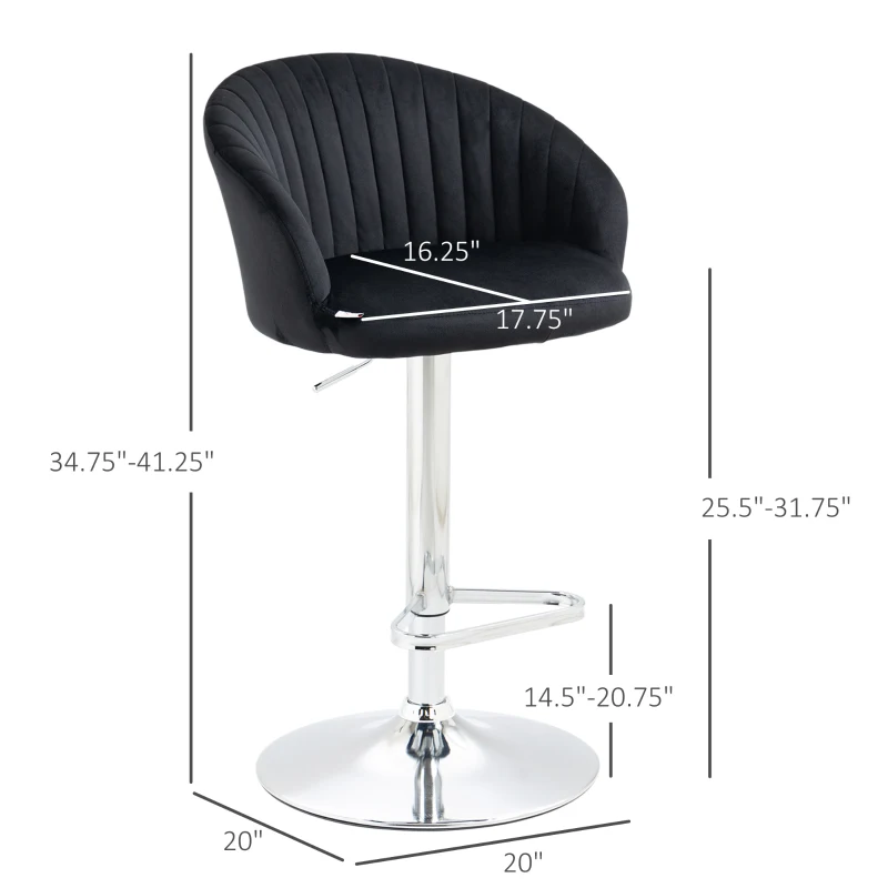 HOMCOM Modern Upholstered Adjustable Barstools with Swivel Seat, Velvet Touch Fabric, Steel Frame, Footrest, ‎Black
