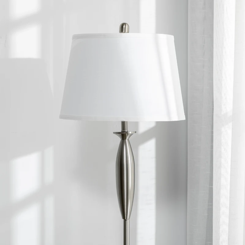 HOMCOM Boho Desk Lamp & Floor Lamps Set of 3, 3 Piece Lamp Set for Living Room, Bedroom, & More, Linen Lampshade, Steel Base, Silver