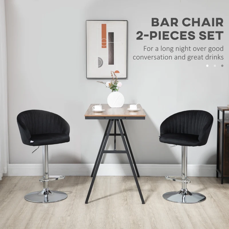 HOMCOM Modern Upholstered Adjustable Barstools with Swivel Seat, Velvet Touch Fabric, Steel Frame, Footrest, ‎Black