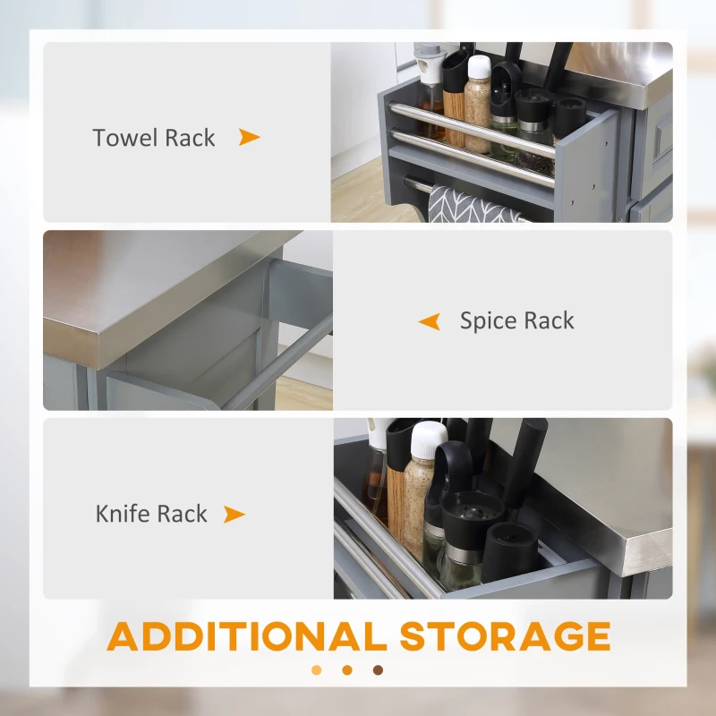 HOMCOM Rolling Kitchen Island Cart - Grey, with Cabinets & Drawers, Spacious Worktop - Ideal for Storage & Meal Prep