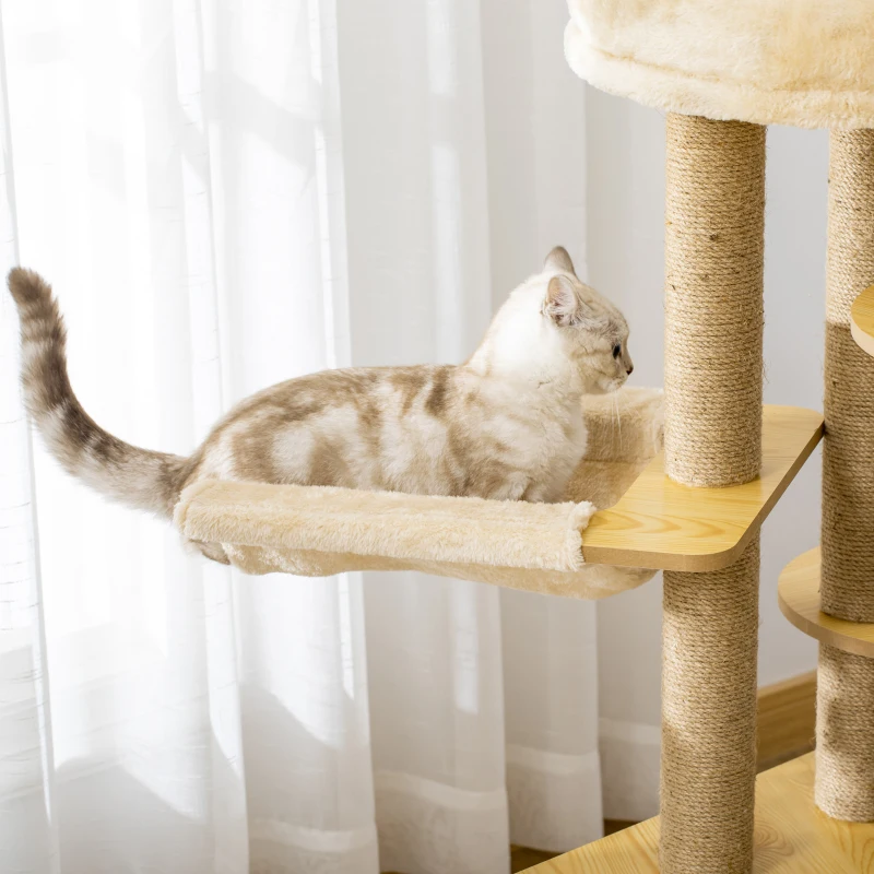 PawHut Cat Tree Tower Multi-Level Kitten House with Scratching Post Condo Hammock Bed Ball Toy - 23.5 x 23.5 x 39 Inches, Yellow