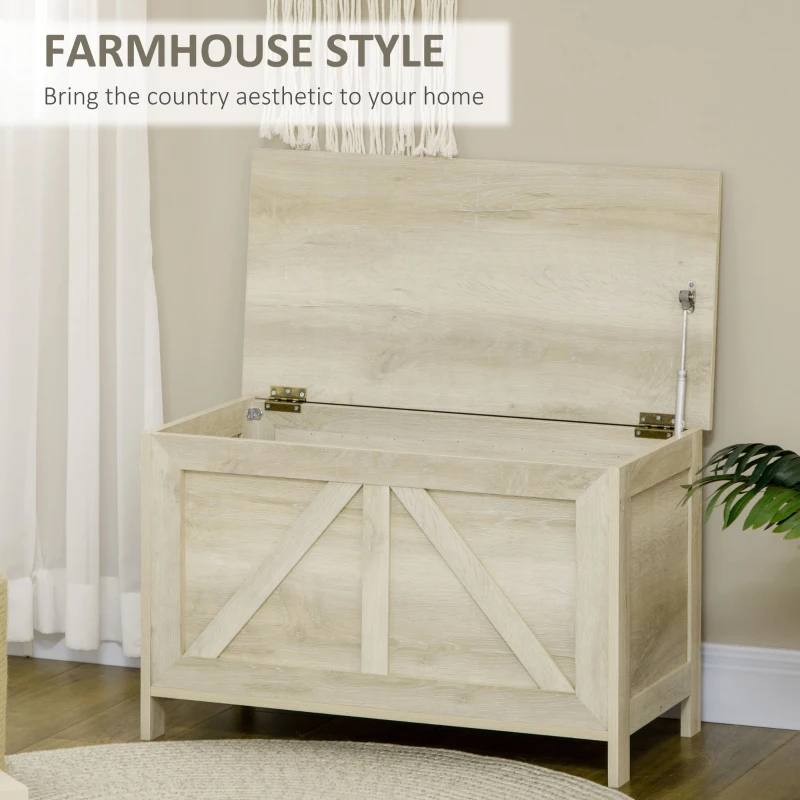 HOMCOM 30" Farmhouse Storage Bench, Lift Top Storage Chest with Safety Hinge to Open Up 100°, Wooden Trunk for Bedroom, Entryway, Living Room, Natural