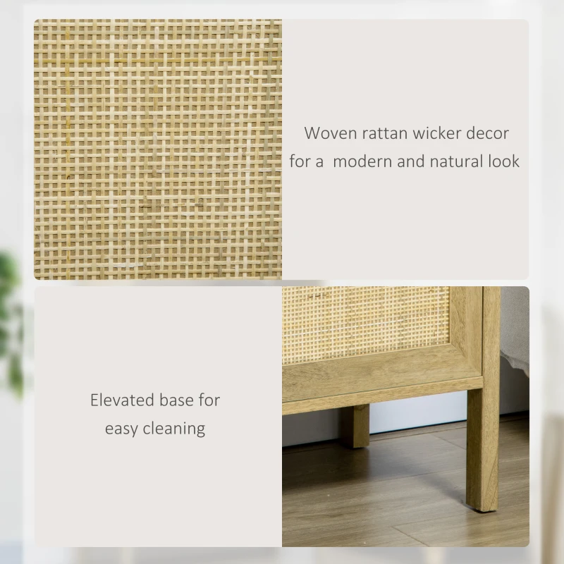 HOMCOM Boho Bookshelf, Storage Cabinet with 3 Open Shelves and Natural Rattan Decor, Bookcase for Living Room, Study, Oak