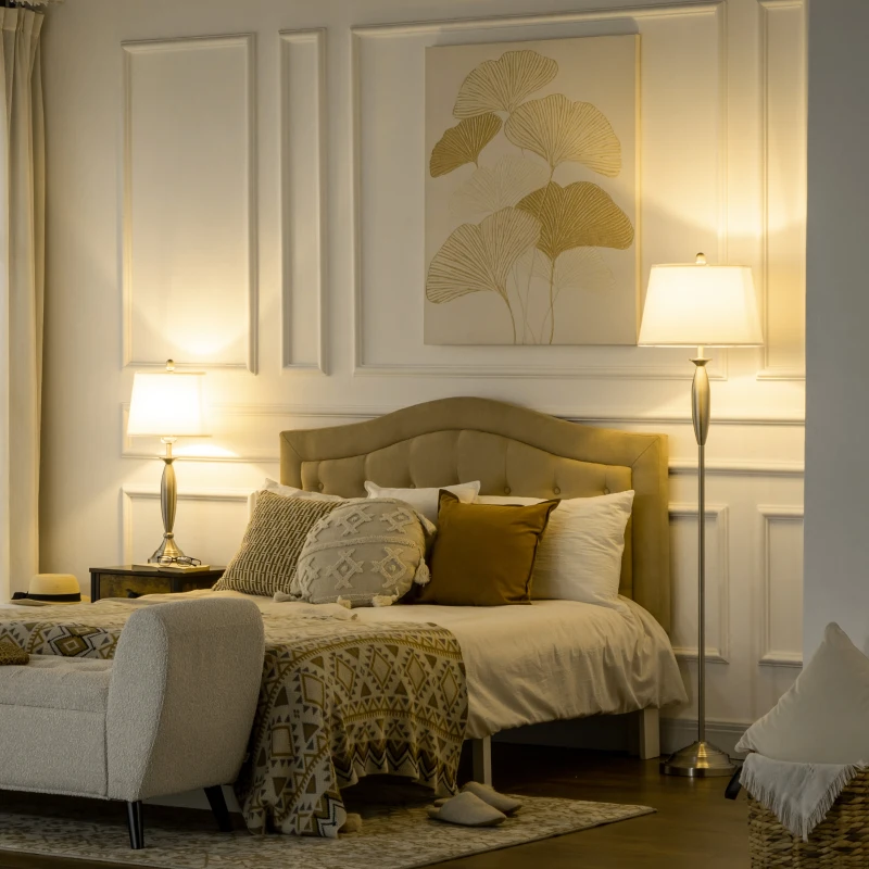 HOMCOM Boho Desk Lamp & Floor Lamps Set of 3, 3 Piece Lamp Set for Living Room, Bedroom, & More, Linen Lampshade, Steel Base, Silver