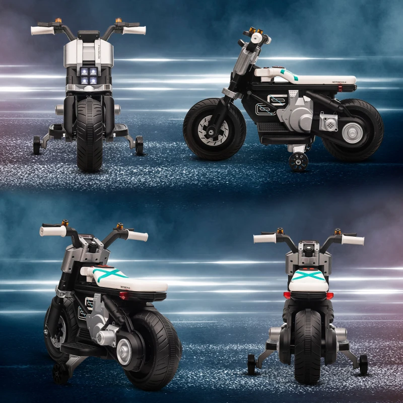 Aosom 6V Kids Motorcycle Battery-Operated Ride-on Toy with Training Wheels Lights Music Siren Horn, White
