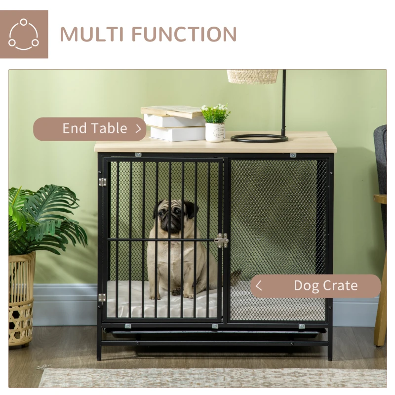 PawHut Dog Crate Furniture with Water-Resistant Cushion Medium Dog Kennel, Oak, 31.5" x 22" x 28"