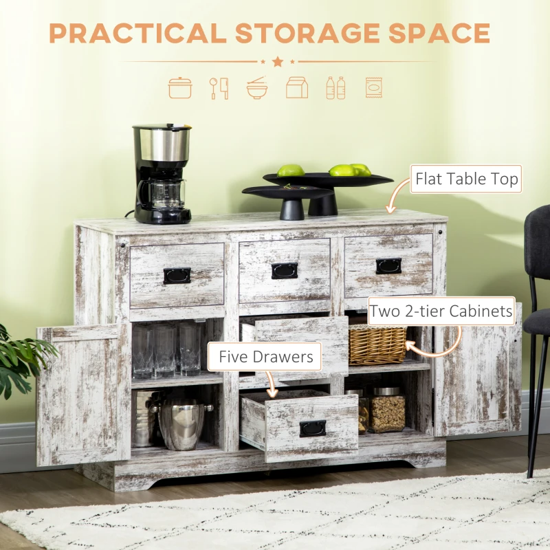 HOMCOM Sideboard Buffet Kitchen Sideboard Cabinet with Five Drawers Two Door Cabinets Adjustable Shelf for Living Room White