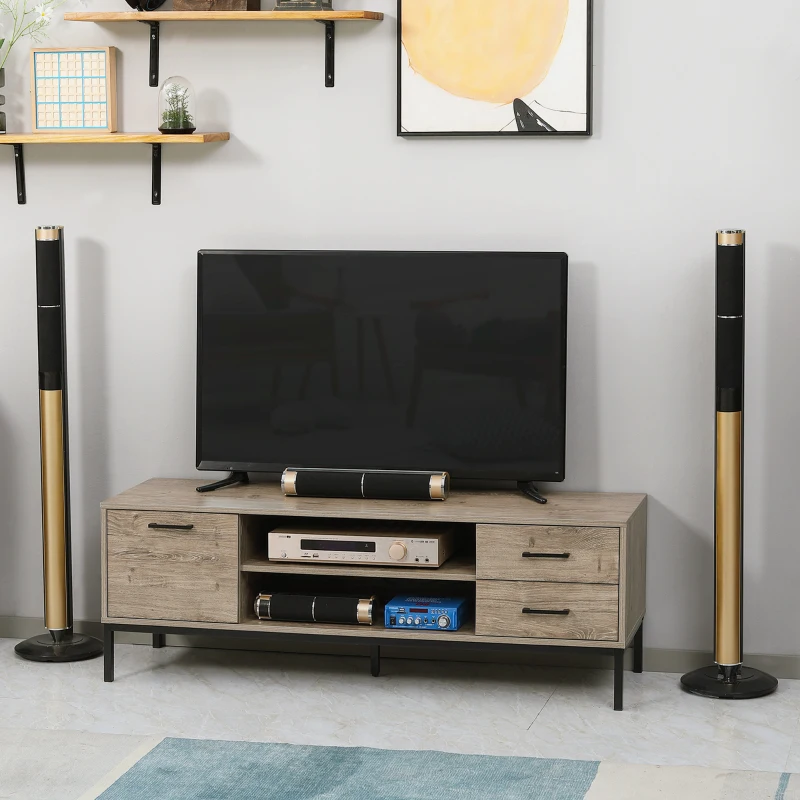 HOMCOM TV Stand for TV up to 50 Inches, Entertainment Center with Door, Open Storage and Drawers, TV Table with Steel Legs, Gray