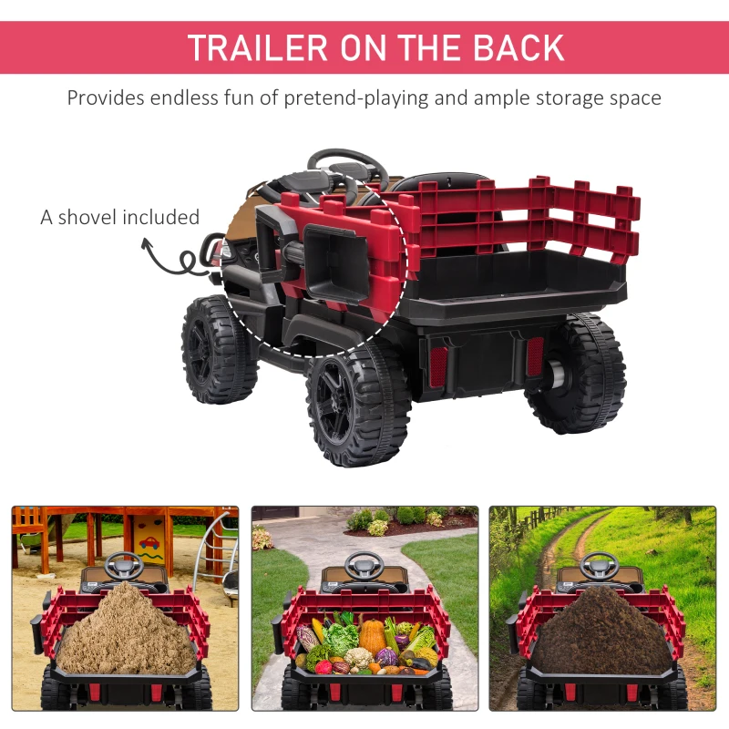 Aosom 12V Kids Ride-on Car Electric Truck Pickup Toy with Parent Remote Control and Trailer, MP3/USB Input for Music, Red