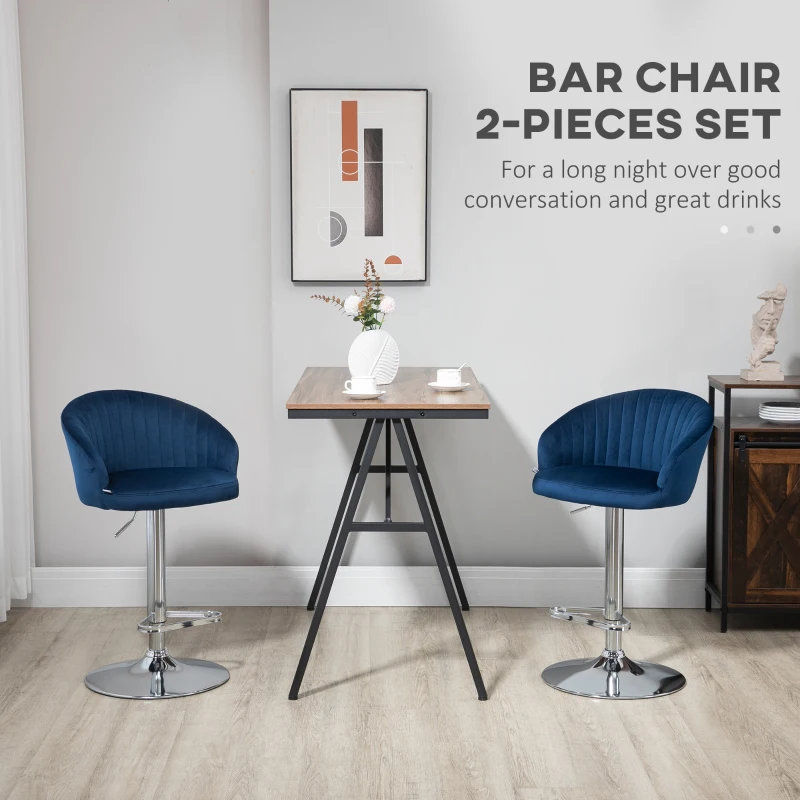 HOMCOM Modern Upholstered Adjustable Barstools with Swivel Seat, Velvet Touch Fabric, Steel Frame, Footrest, ‎Blue