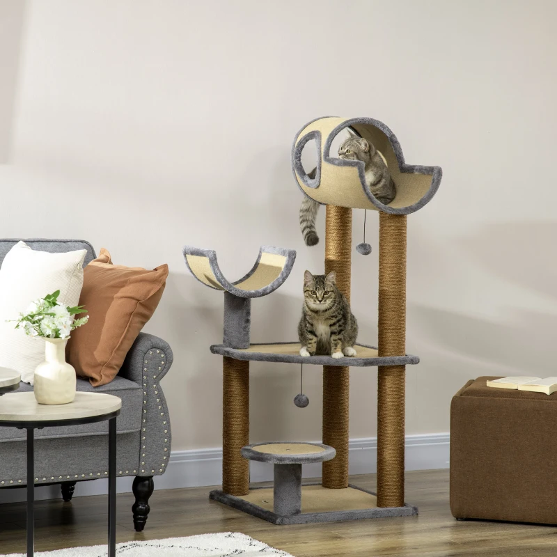 PawHut 48" Fun Cat Tree with Scratching Posts, Small Cat Tower for Indoor Cat Furniture, Cat Tunnel Bed Activity Center Climbing Toy