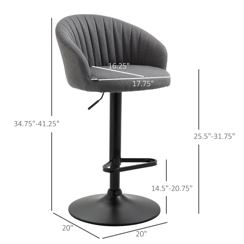 HOMCOM Modern Upholstered Adjustable Barstools with Swivel Seat, Linen Touch Fabric, Steel Frame, Footrest, ‎Gray
