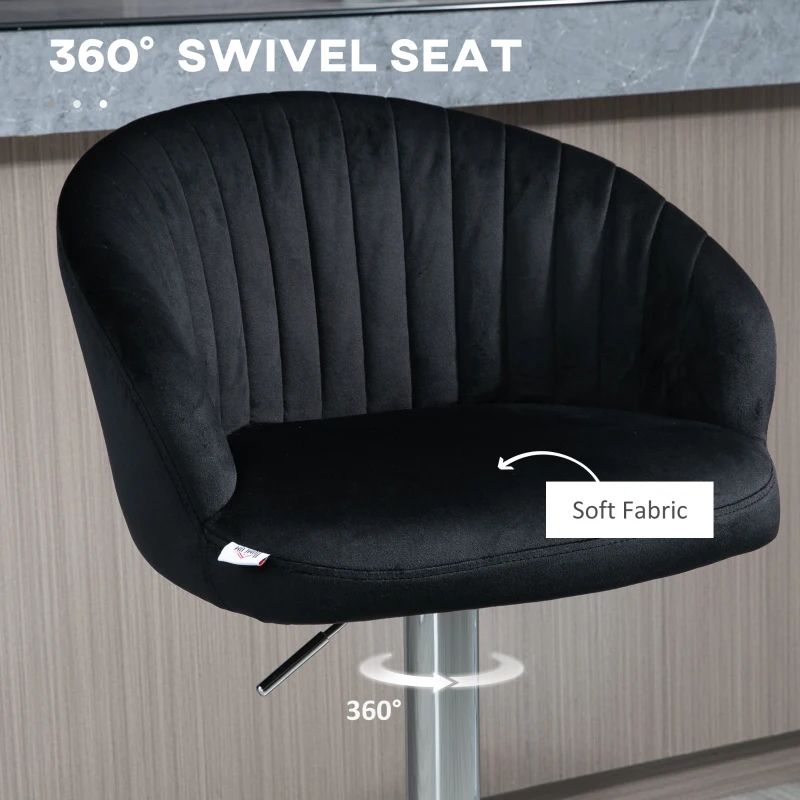 HOMCOM Modern Upholstered Adjustable Barstools with Swivel Seat, Velvet Touch Fabric, Steel Frame, Footrest, ‎Black