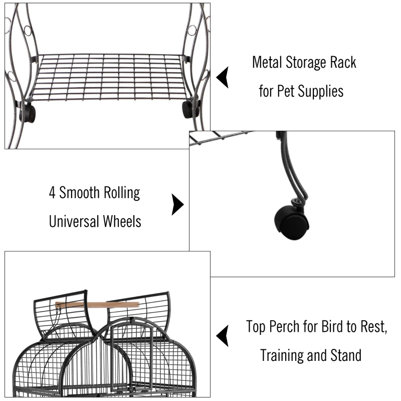 PawHut 63-inch Large Bird Parrot Cage Rolling Cockatiel Finch Macaw Aviary Cage Open Play Top with 2 Perch 3 Stainless Steel Cup Pet Furniture