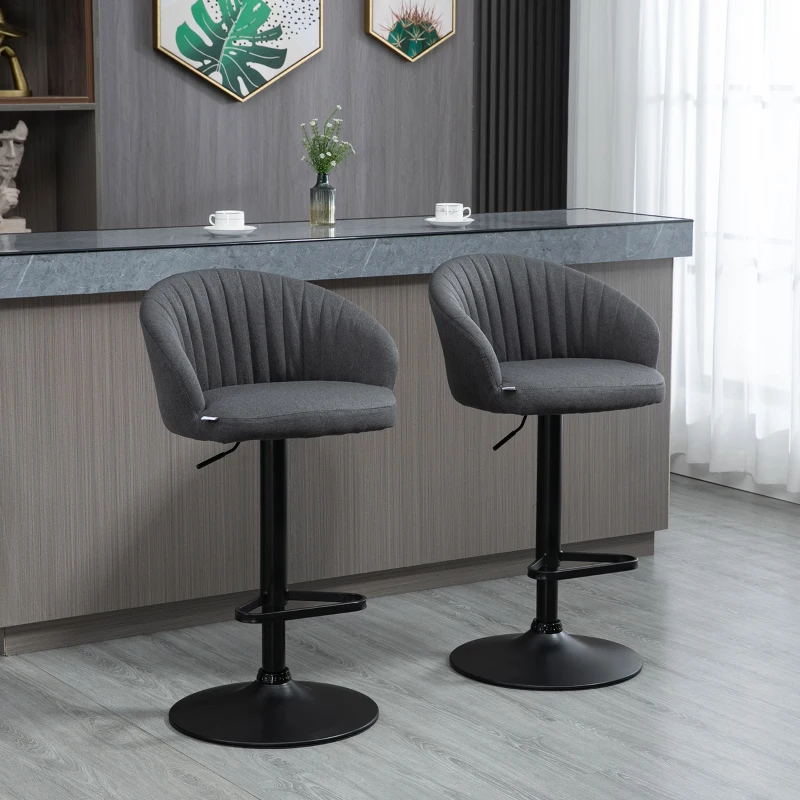 HOMCOM Modern Upholstered Adjustable Barstools with Swivel Seat, Linen Touch Fabric, Steel Frame, Footrest, ‎Gray