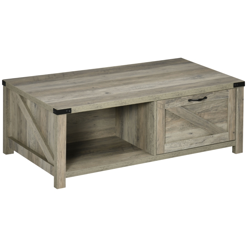 HOMCOM Farmhouse Coffee Table with Storage and Drawer, Rustic Coffee Table for Living Room, Open Shelf, Grey Oak