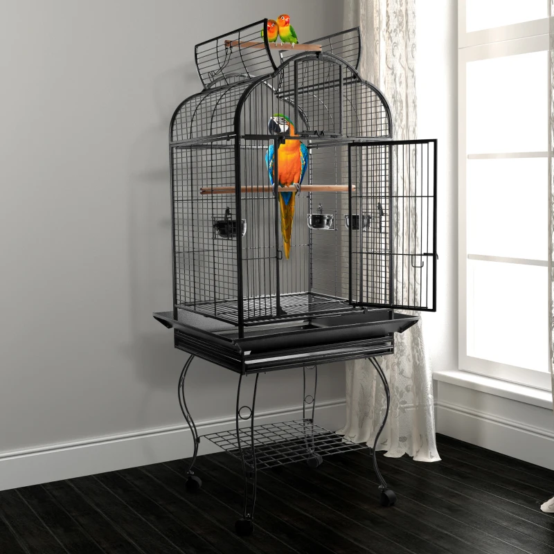 PawHut 63-inch Large Bird Parrot Cage Rolling Cockatiel Finch Macaw Aviary Cage Open Play Top with 2 Perch 3 Stainless Steel Cup Pet Furniture