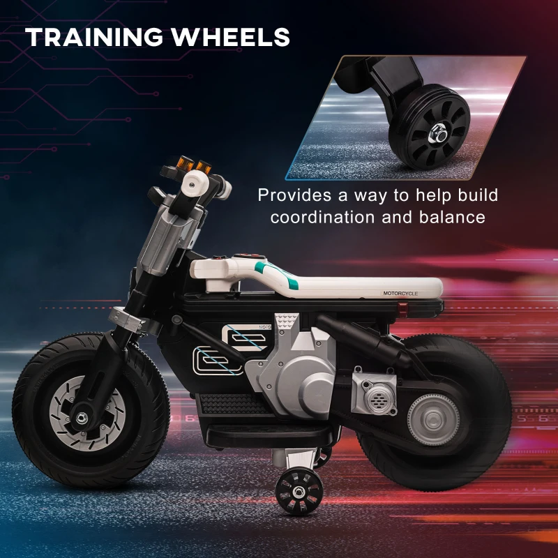 Aosom 6V Kids Motorcycle Battery-Operated Ride-on Toy with Training Wheels Lights Music Siren Horn, White