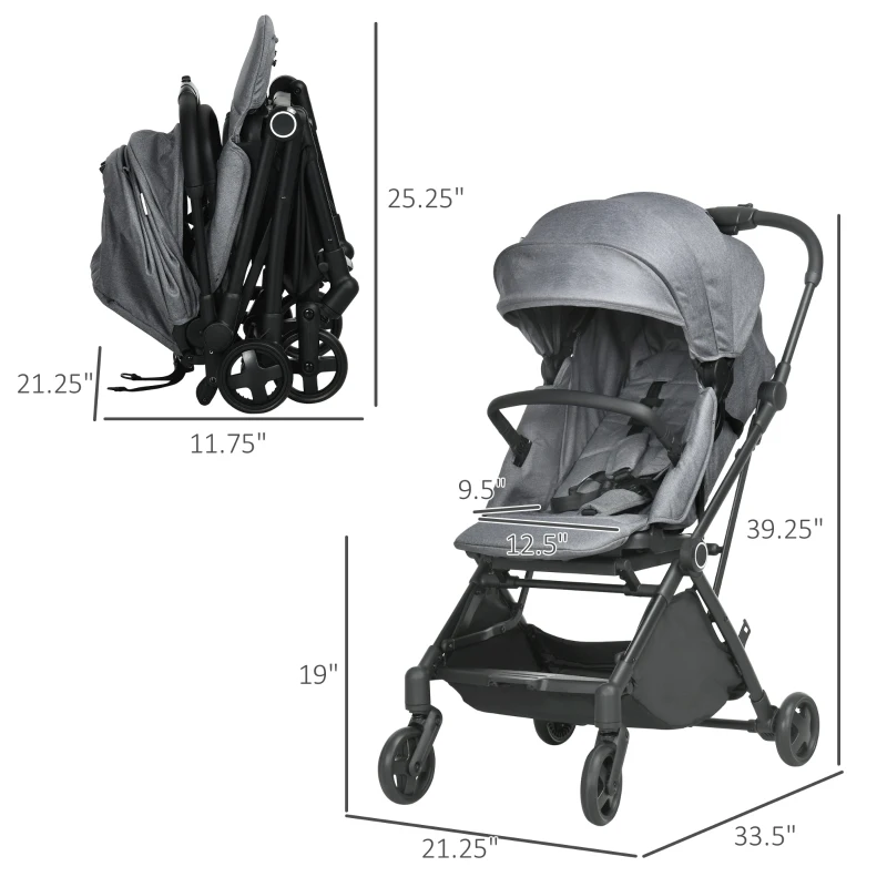 Qaba Lightweight Baby Stroller w/ 360° Reversible Seat, Toddler Travel Stroller w/ One Hand Fold, Grey