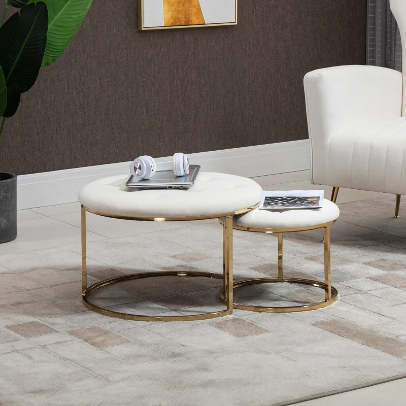 HOMCOM Nesting Coffee Table Set of 2, Round End Tables with Velvet-Feel Button Tufted Top for Living Room, Home Office, White