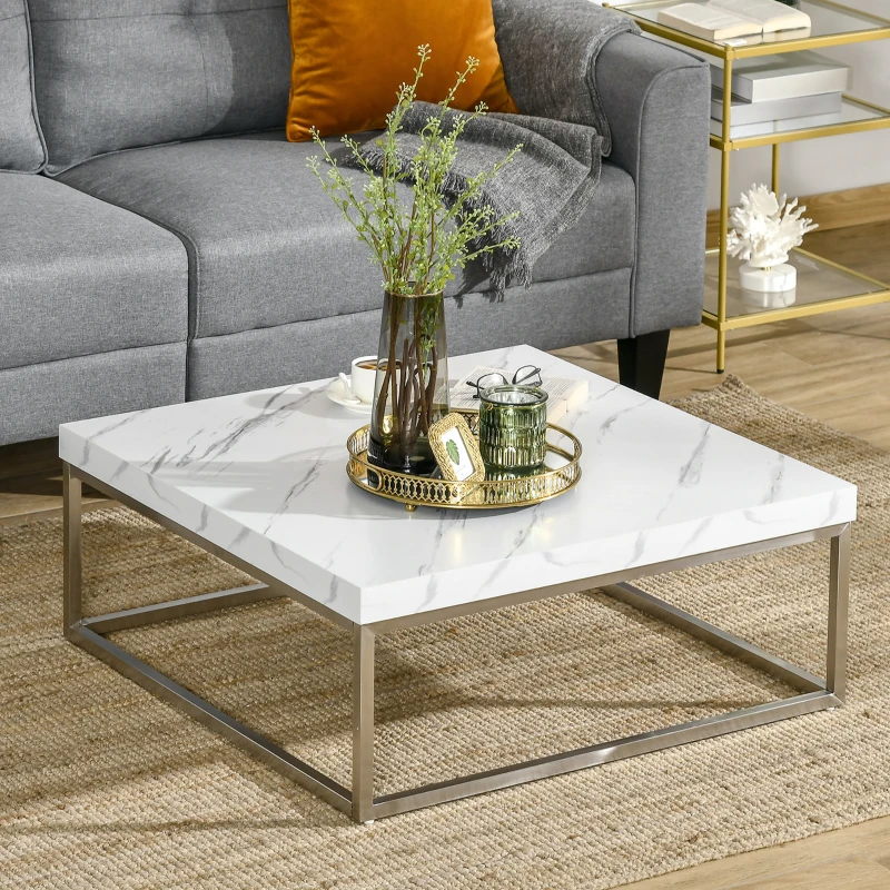 HOMCOM Square Coffee Table with Faux Marble Tabletop, Low Table for Sitting on The Floor, Stainless Steel Frame for Living Room, White