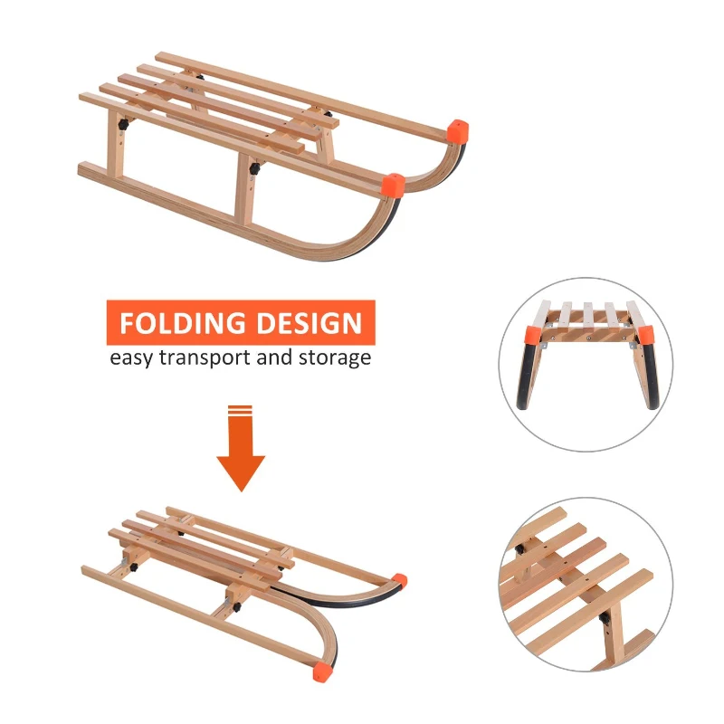 HOMCOM Baby Sleigh Wooden Snow Sled Folding Ski Sliding Outdoor Sport